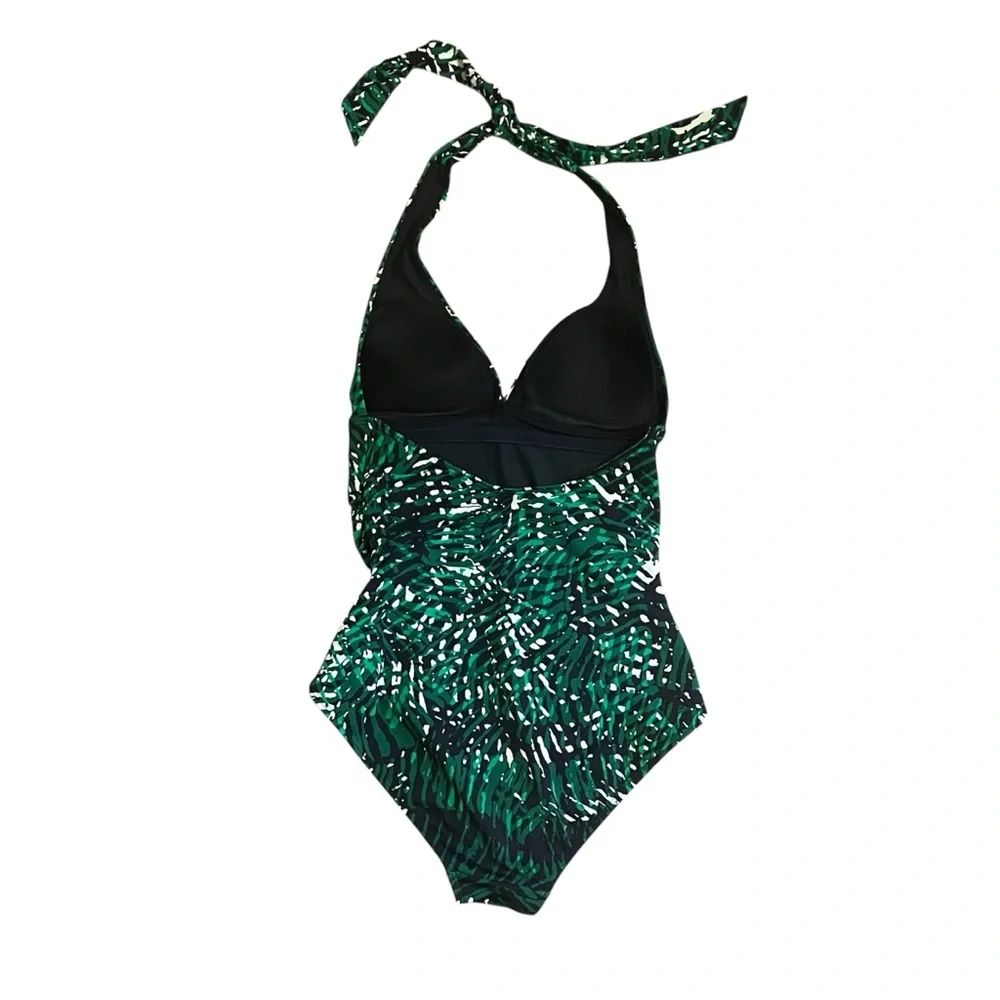 Boden Green White Black Geometric Print Halterneck Shirred Side Swimsuit Size 6 - Picture 2 of 4